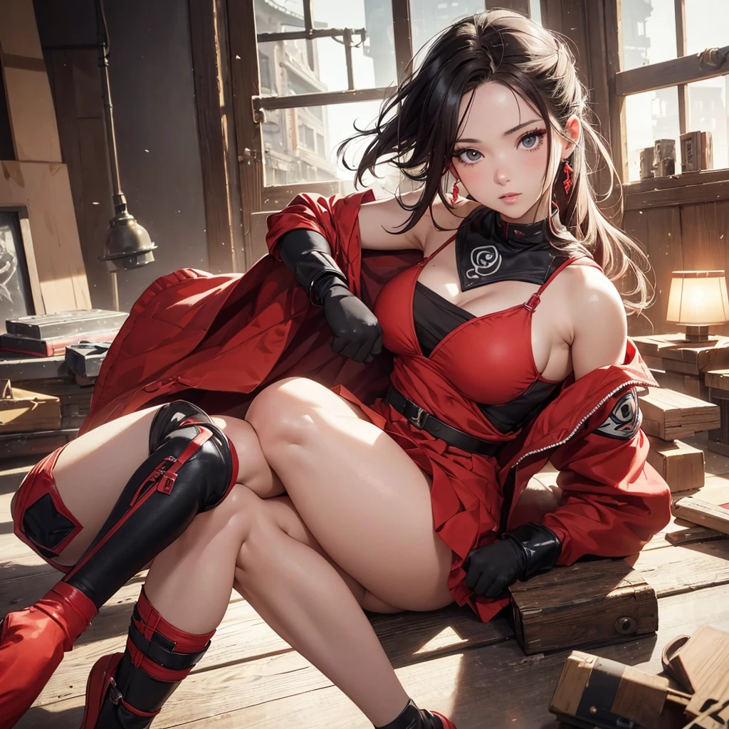 Sakura Shipment, red jacket, bandaged leg, overskirt, Footwear without fingers, short preto, sleeveless, bangss, greeneyes, breasts small, forehead protector, konohagakure symbol, black gloves, perfect, work of art, (best qualityer, high resolution:1.2), 1 girl, beautiful detailed eyes, beautiful detailed lips, extremely detailed eye and face, long eyelashes, average:oil painting, bright coloured, HDR, studio lighting, ultra-fine painting, sharp focus, physically based rendering, extreme detailed description, portraits, ((organized fingers)), curvy body, breasts big, perfect shape have six abs and she is new hokag