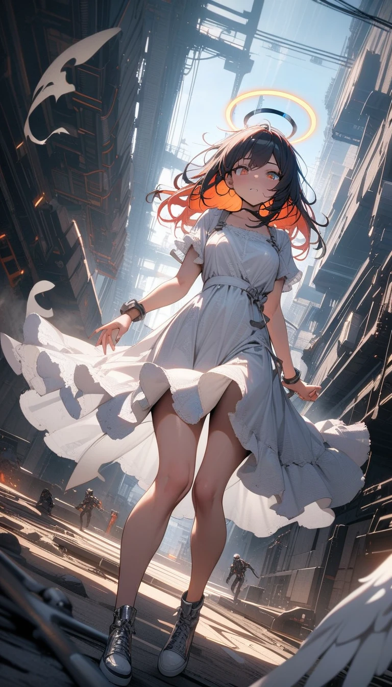 ((best quality)) , ((masterpiece)) , (detailed),Color splash, Ghostly Astronaut (Li Gong:1.3) , wearing Shabby Chic Wrap dress, has metallic plating, Colored hair, Fossil fuel power station in background,(sunlight),(angel),dynamic angle, floating, wing, halo, floating white silk,(Holy Light),silver stars