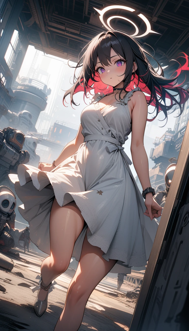 ((best quality)) , ((masterpiece)) , (detailed),Color splash, Ghostly Astronaut (Li Gong:1.3) , wearing Shabby Chic Wrap dress, has metallic plating, Colored hair, Fossil fuel power station in background,(sunlight),(angel),dynamic angle, floating, wing, halo, floating white silk,(Holy Light),silver stars