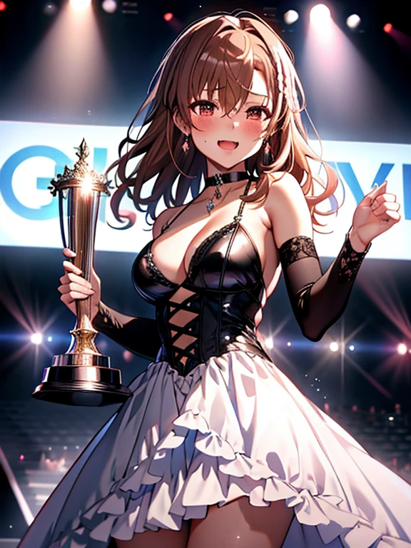 Tears of joy, (Evening Dresses), (Holding up the trophy), Background is the stage, Misaka Mikoto, 1girl, black choker, uhd, retina, masterpiece, ccurate, anatomically correct, textured skin, super detail, high details, high quality, best quality, highres, 4K