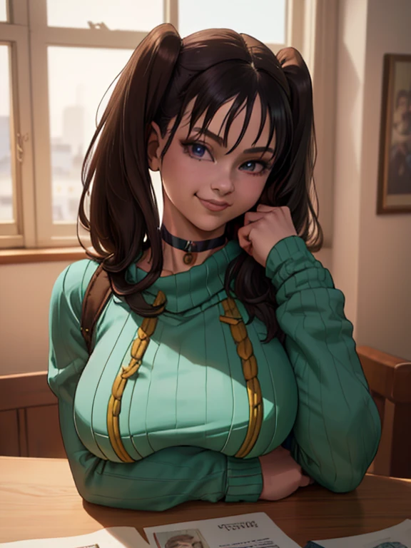 (solo), (virgin destroyer sweater:1.1, choker:1.1, ecchi:1.1), (shy smile), dynamic angle, in house, sexy pose, figura esbelta, (best quality:1.2), ultra-detailed, (realistic:1.37), portraits, vivid colors, warm tones, soft lighting.v