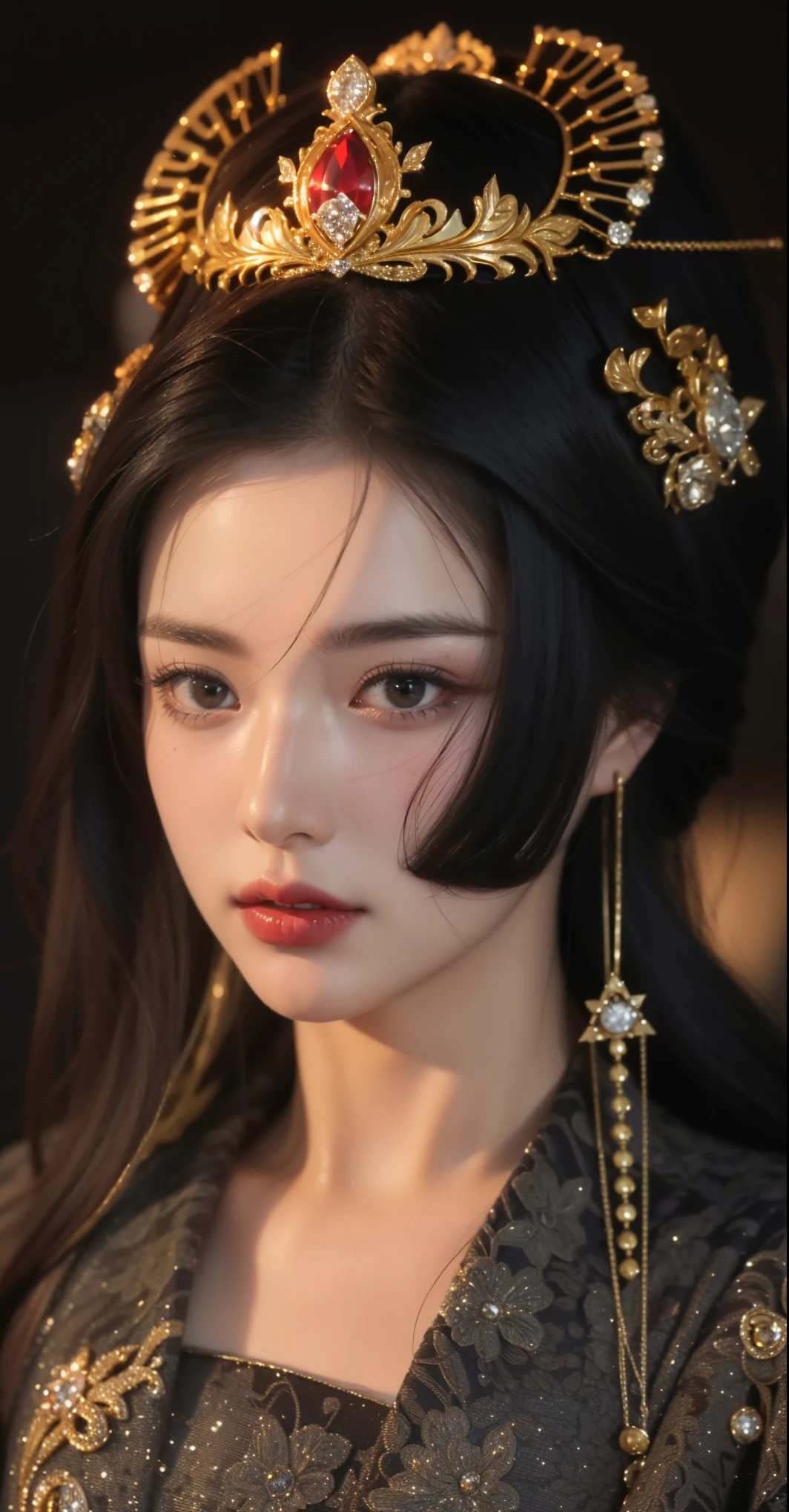 Very detailed, Delicate face, Realistic style, Stock Photography ,  rich and colorful, Surrealism, Realistic textures, Dramatic Lighting, Distiller 800  (8K, original photo, Better quality, masterpiece: 1.2), Very detailed, (Extremely delicate skin: 1.2), 8K Ultra HD, SLR camera, Soft Light, high quality， 冰冻Queen,, snow castle，Blue pupils，Apply red lipstick，Queen，Gorgeous clothing，gem, diamond, Gold Jewelry，