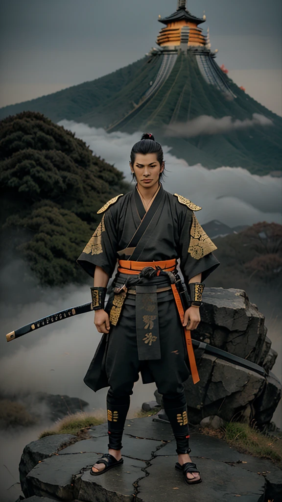 Make a 19 year old Samurai in a black Kimono with orange details , wearing Carbon fiber bracelets with gold and cursed with Runes, yellow pupils containing kanji, hero pose, on top of a mountain with fog.