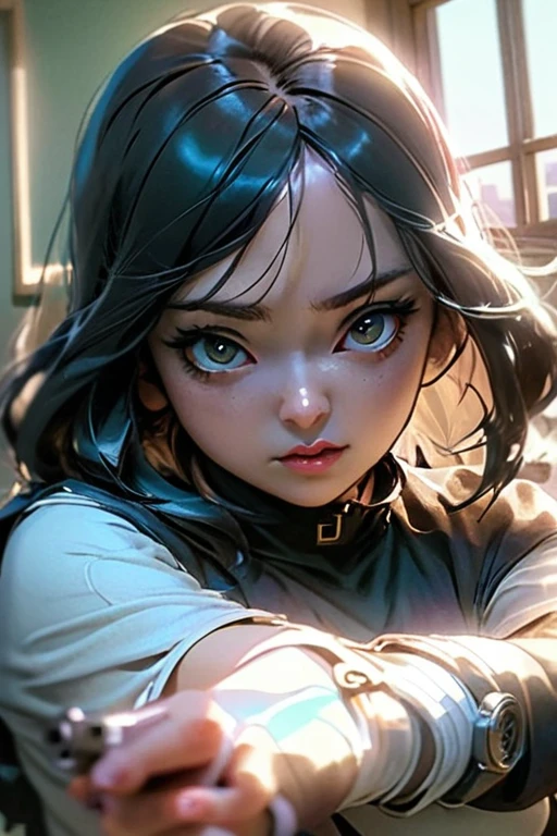 anime girl holding a gun in a room with a broken window, anime. Soft lighting, anime shot, female action anime girl, badass anime 8 k, Boogiepop Phantom, fubuki, anime style 4 k, anime style mixed with fujifilm, inspired by Kaburagi Kiyokata, photorealistic anime, With a pistol, anime lighting