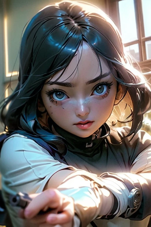 anime girl holding a gun in a room with a broken window, anime. Soft lighting, anime shot, female action anime girl, badass anime 8 k, Boogiepop Phantom, fubuki, anime style 4 k, anime style mixed with fujifilm, inspired by Kaburagi Kiyokata, photorealistic anime, With a pistol, anime lighting