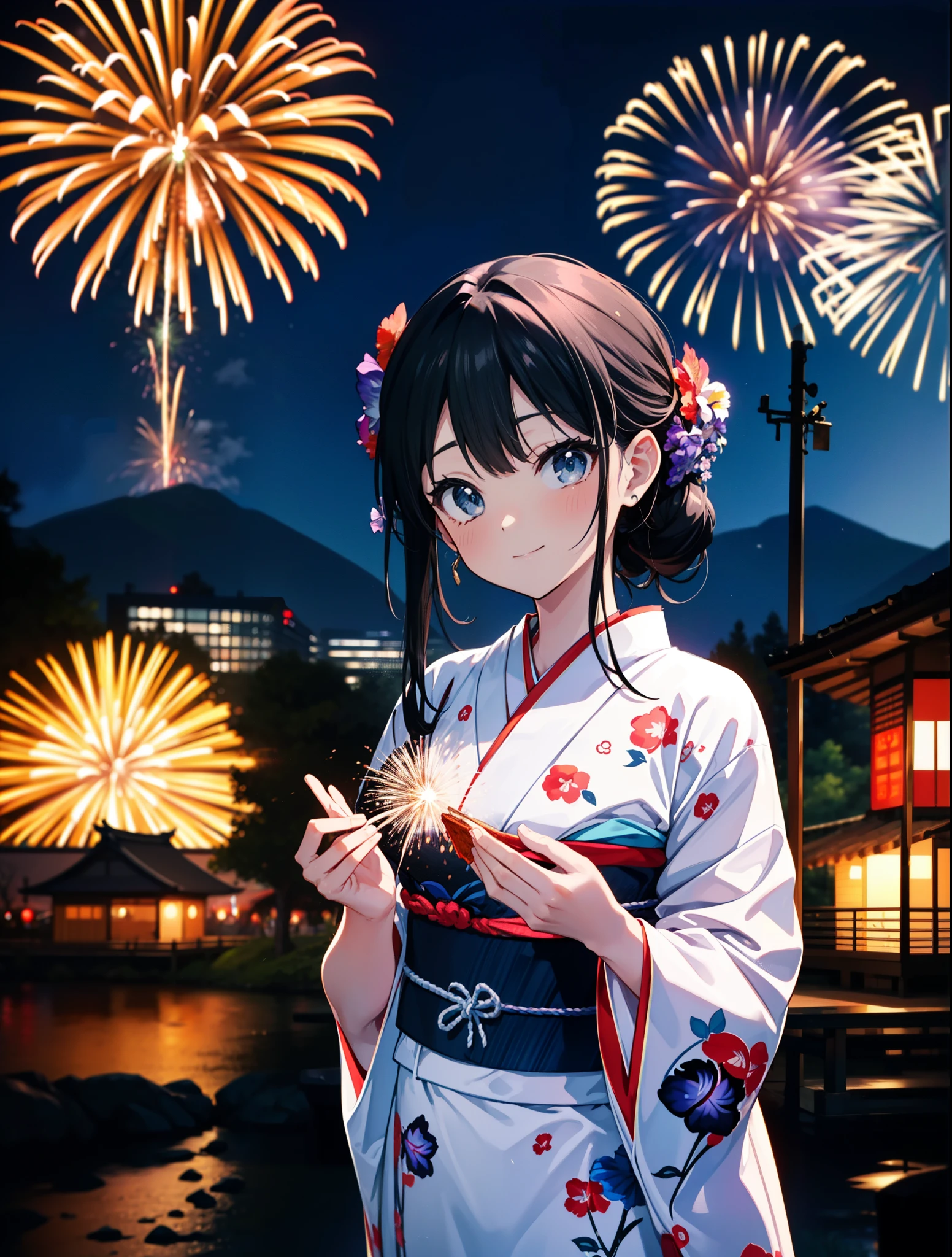 mioakiyama, My Akiyama, Long Hair, bangs, Black Hair, (Iris:1.3), Hime cut,blush,smile,hair tied back,Flower Hair Ornaments,Black yukata,Japanese Festivals,Summer festival food stalls、Red lantern,Fireworks in the night sky,Fireworks,The place is a fireworks display,Time is night,sunny day,whole bodyがイラストに入るように
break outdoors, shrine,
break looking at viewer, whole body,(Cowboy Shot:1.5),
break (masterpiece:1.2), Highest quality, High resolution, unity 8k wallpaper, (figure:0.8), (Beautiful attention to detail:1.6), Highly detailed face, Perfect lighting, Highly detailed CG, (Perfect hands, Perfect Anatomy),