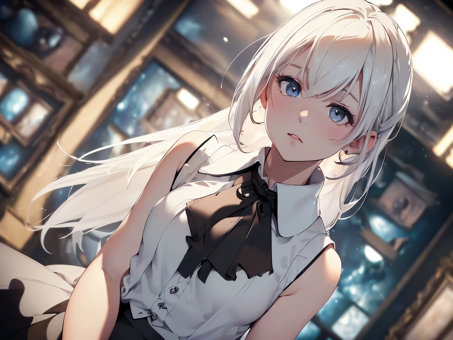 Highest quality, Ultra-high resolution, One Girl, sleeveless white button-up shirt, Black Skirt, cute,(Platinum Blonde Hair:1), ((Puffy eyes)), Show Viewer(Depth of Field HDR 8K 4K Wallpaper Cinematic Angle, Cinema Lighting,:1.5) (masterpiece, Highest quality:2.0),City Pop,Inside the cafe