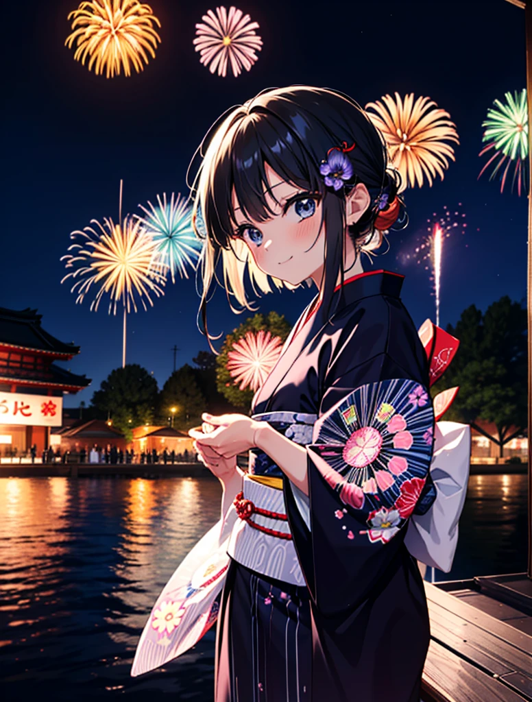 mioakiyama, My Akiyama, Long Hair, bangs, Black Hair, (Iris:1.3), Hime cut,blush,smile,hair tied back,Flower Hair Ornaments,Black yukata,Japanese Festivals，Summer festival food stalls、Red lantern,Fireworks in the night sky,Fireworks,The place is a fireworks display,Time is night,sunny day,whole bodyがイラストに入るように
break outdoors, shrine,
break looking at viewer, whole body,(Cowboy Shot:1.5),
break (masterpiece:1.2), Highest quality, High resolution, unity 8k wallpaper, (figure:0.8), (Beautiful attention to detail:1.6), Highly detailed face, Perfect lighting, Highly detailed CG, (Perfect hands, Perfect Anatomy),