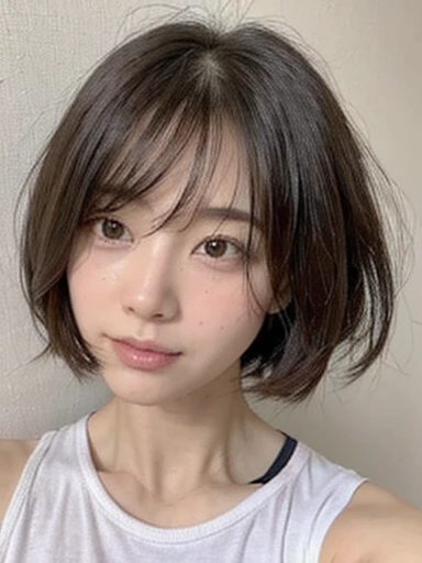 White wall、Brown T-shirt、Medium Short Hair