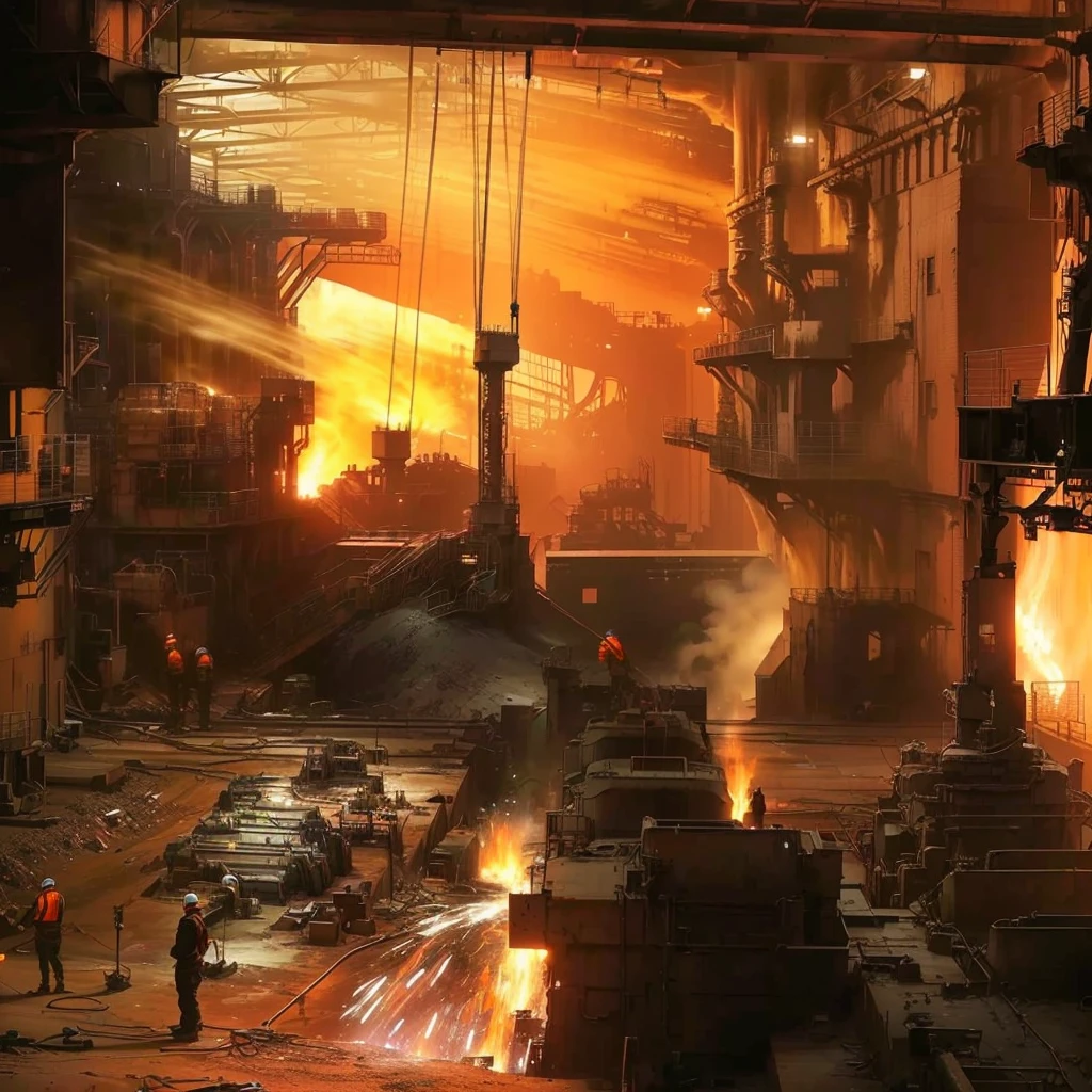 araffes in the factory with a lot of steel being poured, Steel Mills, Smelter, In a huge cave iron city, Industrial Environment, Factory Background, smelting pit'beeple, Industrial Environment, thrilling, post-apocalyptic factory, steampunk Factory Background, Industrial Science Fiction, Industrial Factory, in the factory, Industrial Light & Magic, Industrial Background