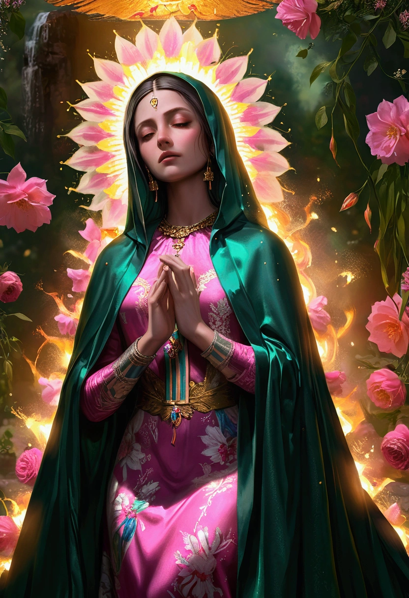 n a low-light, 16k resolution scene, a Masterpiece:1.2 camera captures a stunning image of the Virgin of Guadalupe, perched atop a hill amidst an explosion of vibrant flowers. The shallow depth of field blurs the background, emphasizing her serene presence. Her emerald green cloak cascades down her back like a waterfall, while her delicate pink long gown softly glows in a warm golden light, blooming at her feet, as if paying homage to this revered figure. The camera gently pans across the scene, showcasing the intricate details of the subjects’ skin texture and poses.