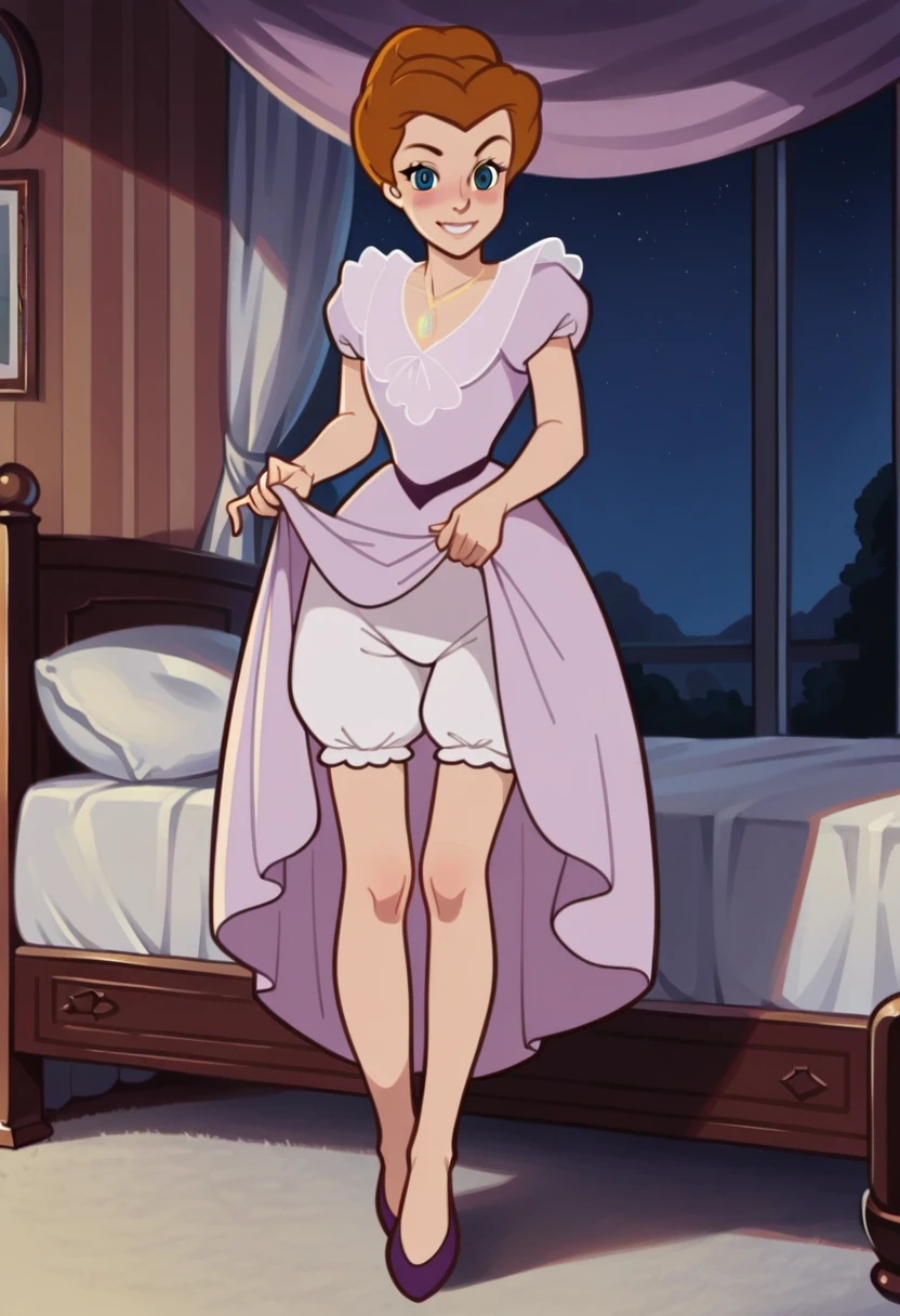 score_9, score_8_up, score_7_up, mary_darling, blue_eyes, brown_hair, updo, lavender_dress, golden_necklace, looking at viewer, smile, full body, in bedroom, dress lift, from below, blush, astonishment, bloomers