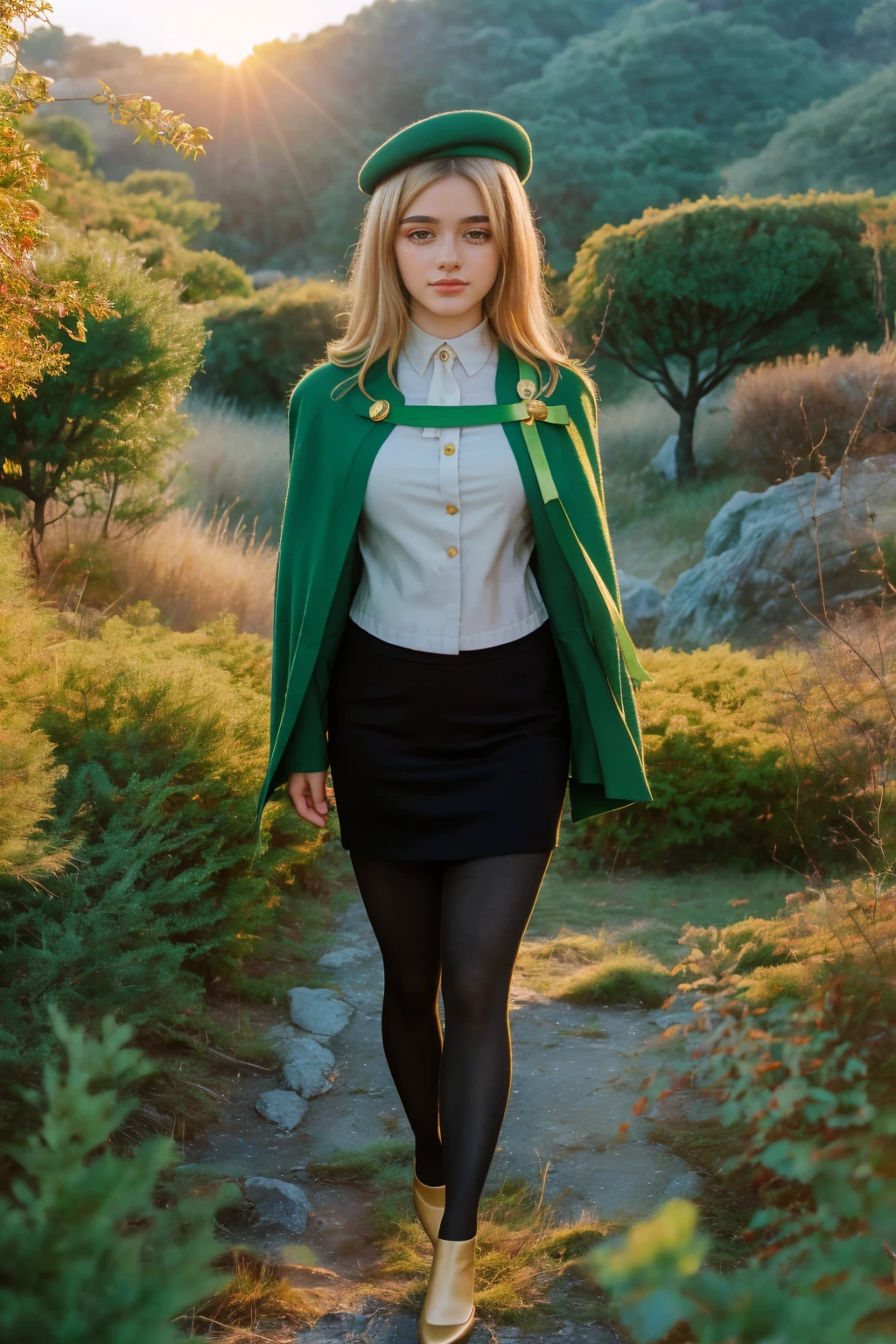 1 girl, best quality, ((Miyo)), tarankaaa, perfect face, beautiful smile, 30 years old, ((ascot,uniform, black skirt, cross, ribbon, gold blonde hair, emerald, beret, cape, pantyhose)), ((perfectly drawn hands)), perfect body, bare tree, bush, fog, forest, grass, nature, outdoors, plant, scenery, solo, standing, tree, UHD RAW 32k photograph, ((perfect eyes, detailed eyes,realistic eyes)), ((sharp face, detailed face, realistic face, natural skin, realistic skin, detailed skin, pores)), full body, tone mapping, asian-european, ((masterpiece)), ((highres)), ((detailed background)), japanese village background, sunset time, big proportions, (abdomen is covered)