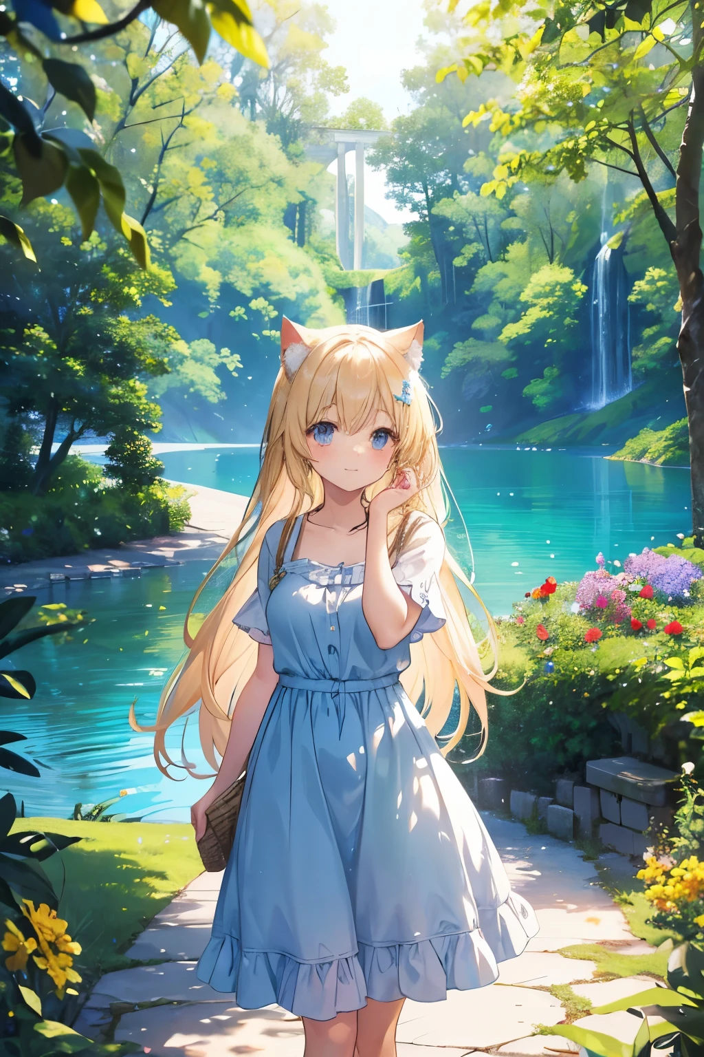 Masterpiece, 4K, Cat ears, 

A beautiful high school girl with long flowing hair, wearing a summer dress, enjoying her summer vacation. She is standing in a picturesque setting with a bright blue sky, lush green trees, and colorful flowers in the background. The scene captures a moment of joy and nostalgia, with warm sunlight illuminating her face, and a serene lake or beach in the distance. The overall atmosphere is vibrant, peaceful, and reminiscent of cherished summer memories.