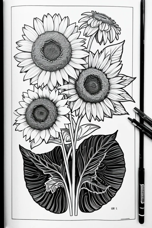 Coloring book、Flower sunflower illustration black and white