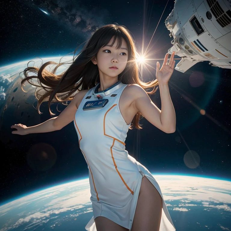 (masterpiece, Highest quality), A female astronaut floats through the aisles of a spaceship, Wearing a simple dress, Thin white sleeveless dress in fabric, barefoot, High resolution, 少女は未来の宇宙船の船室でno gravity状態で浮遊している, no gravity, no gravity, Fly around, From the window of the spacecraft、The shining sun is visible from a close distance, Gentle light in spaceship, Many displays and devices are the main light sources in the scene, Display in orange and blue light, The orange light coming from the planet outside the spaceship、Dominating the scene, A woman standing out against the backlight, Hair Light, Wind in my hair,