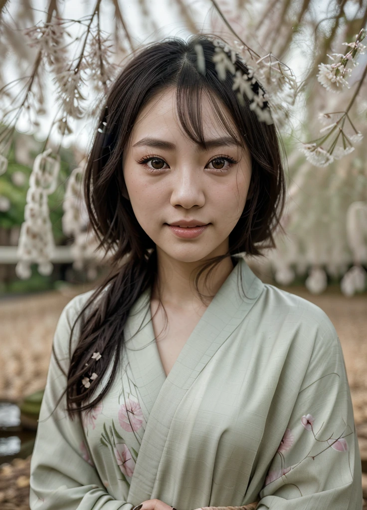 A 10 annual Japanese girl in a kimono, standing under a weeping willow tree, smiling, beautiful detailed eyes, beautiful detailed lips, extremely detailed eyes and face, long eyelashes, photorealistic, portrait, natural lighting, muted color palette, cinematic composition, soft focus, masterpiece