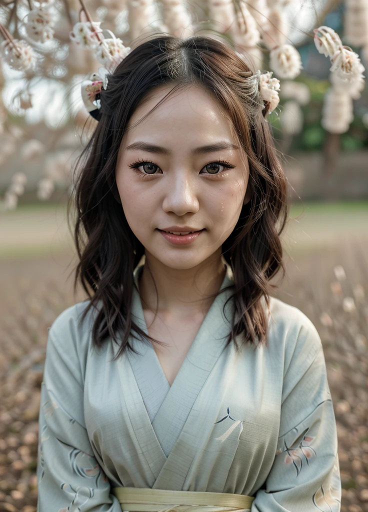 A 10 annual  Japanese girl in a kimono, standing under a weeping willow tree, smiling, beautiful detailed eyes, beautiful detailed lips, extremely detailed eyes and face, long eyelashes, photorealistic, portrait, natural lighting, muted color palette, cinematic composition, soft focus, masterpiece