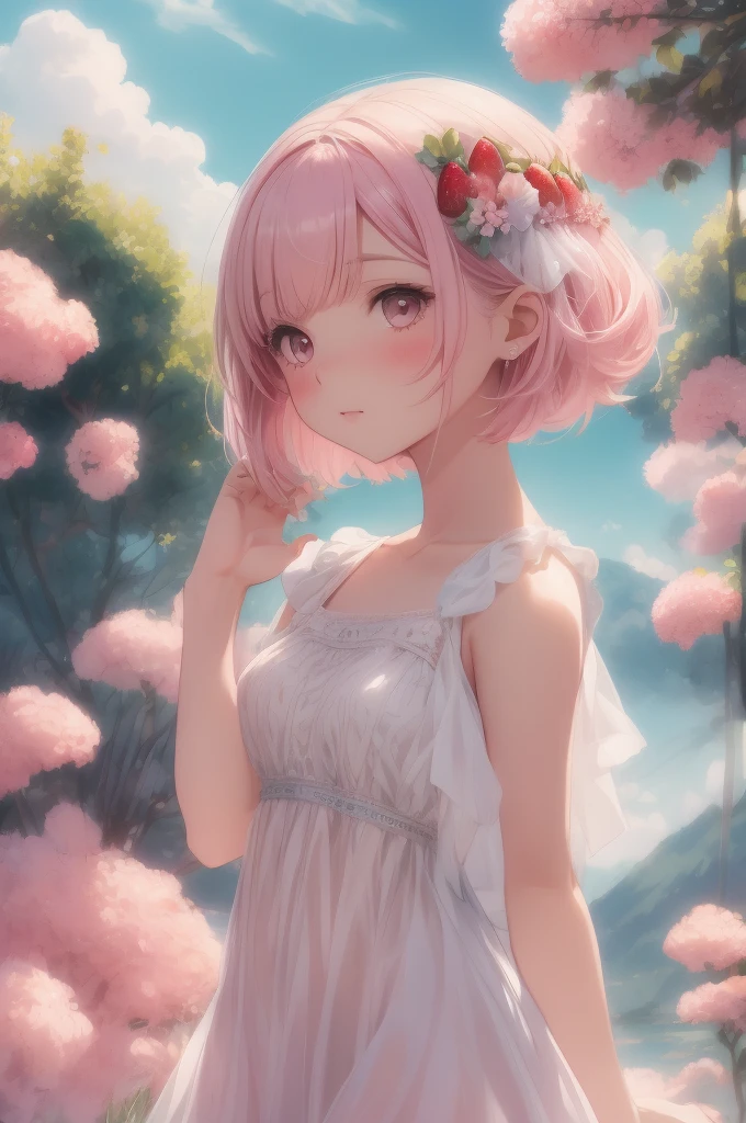 Absurd, High resolution, Very detailed, (Beautiful girl:1.3), Bobcut, de luz, Strawberry shaved ice clouds floating in the sky, The wind blows through, Pale pink style, Pale colors, Bright colors, Fantasy watercolor style, Soft Blending, A dreamy, romantic wash, Refreshing texture