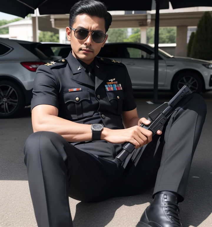 40 years old,One Man,Black military uniform,Daytime parking lot、Sit with your legs wide open、The crotch area is bulging、Hold a gun,logic,Gay ,Very Short Hair,Stubble,Sri Lankan face。Cool handsome guy、Combatant　Fighting spirit　Black sunglasses