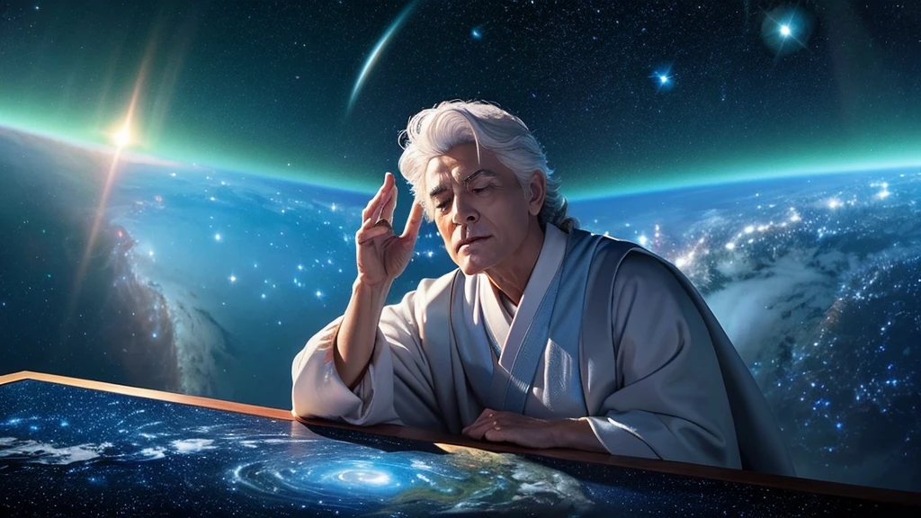 God sits in his office, depicted from a close, frontal view. He is surrounded by the cosmos, with a celestial nebula as the background. He looks thoughtfully at a computer screen, dressed in a blue robe. Above a small, detailed model of Earth on his desk, a coffee mug labeled ‘PEACE’ floats, symbolizing the act of pouring peace onto the Earth. His hands are resting by his side. His white hair flows in the cosmic wind, giving him a wise and contemplative appearance. A soft halo of light glows above his head, adding a serene and introspective mood to the scene.