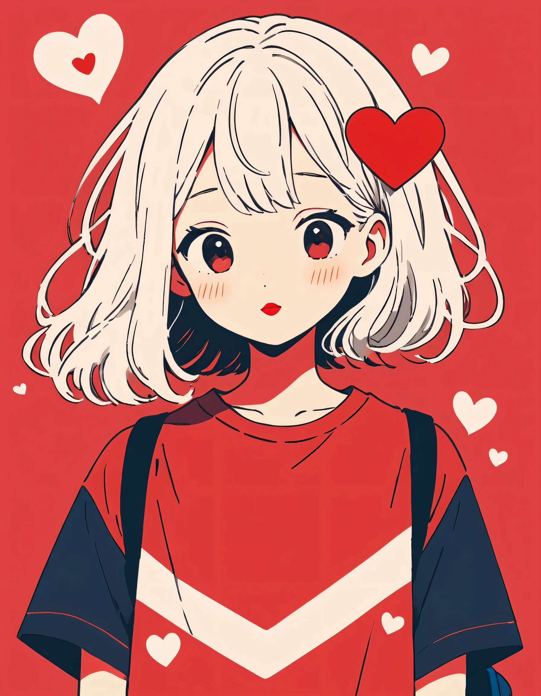 Hayao Miyazaki Red and White style, Simple Line Initialism,Abstract art,Urban Background, (((The most beautiful girl of all time))), Sweet face. Lips in love, colorful hearts, stylish design, 夏のオシャレなTシャツ, 黒い瞳