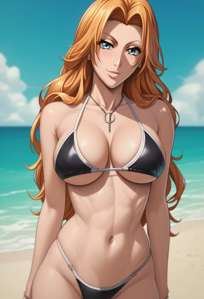 score_9, score_8_up, score_7_up, source_anime, score_9, front view, (((beach))), 1girl, posing, perfect model body, seductive tight bikini, lewd look, seductive, (((Rangiku Matsumoto))), medium erected breast, lewd look, seductive smile, seductive pose