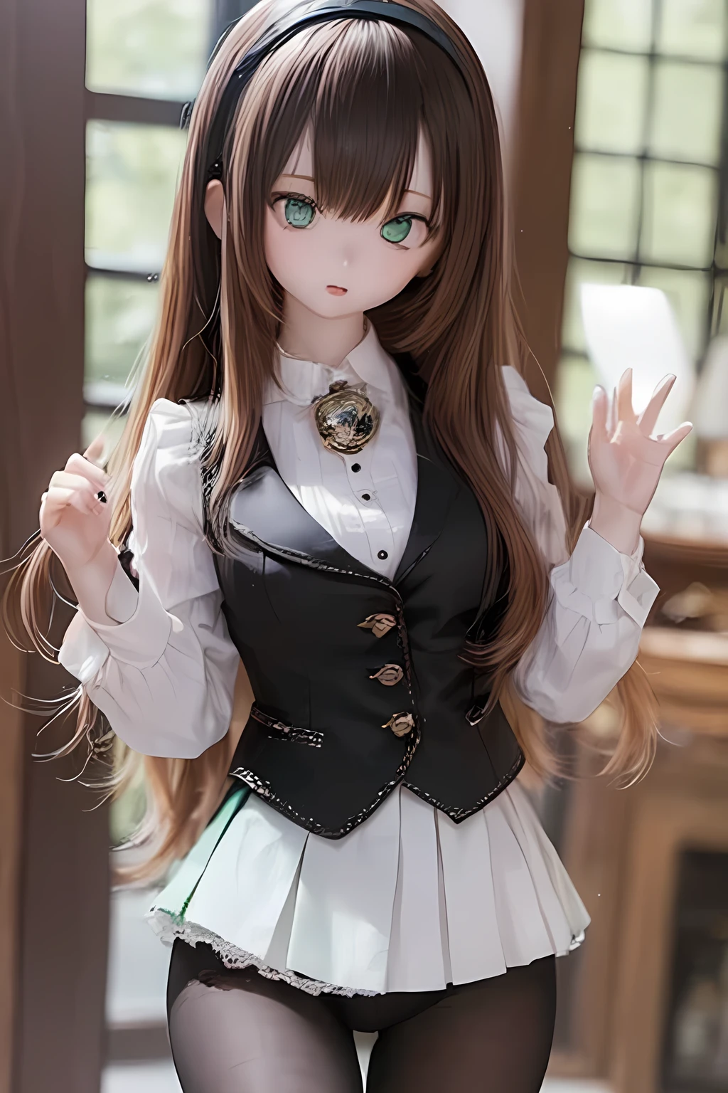 (SFW:2), photorealistic, realistic photo, 8k, ((highest quality)), ((masterpiece)), (extremely detailed), kukolnydom, doll, (mature woman, 21yo, 21 years old, solo:1.6), ((cowboy shot, stylish pose, slim, slender, skinny, medium breasts, hairband, ascot, vest, blouse, long puff sleeves, pleated skirt, black pantyhose)), (green eyes, brown hair, long hair, plastic skin, looking at another, glass eyes, gradient eyes, shining eyes, detailed eyes:1.3)