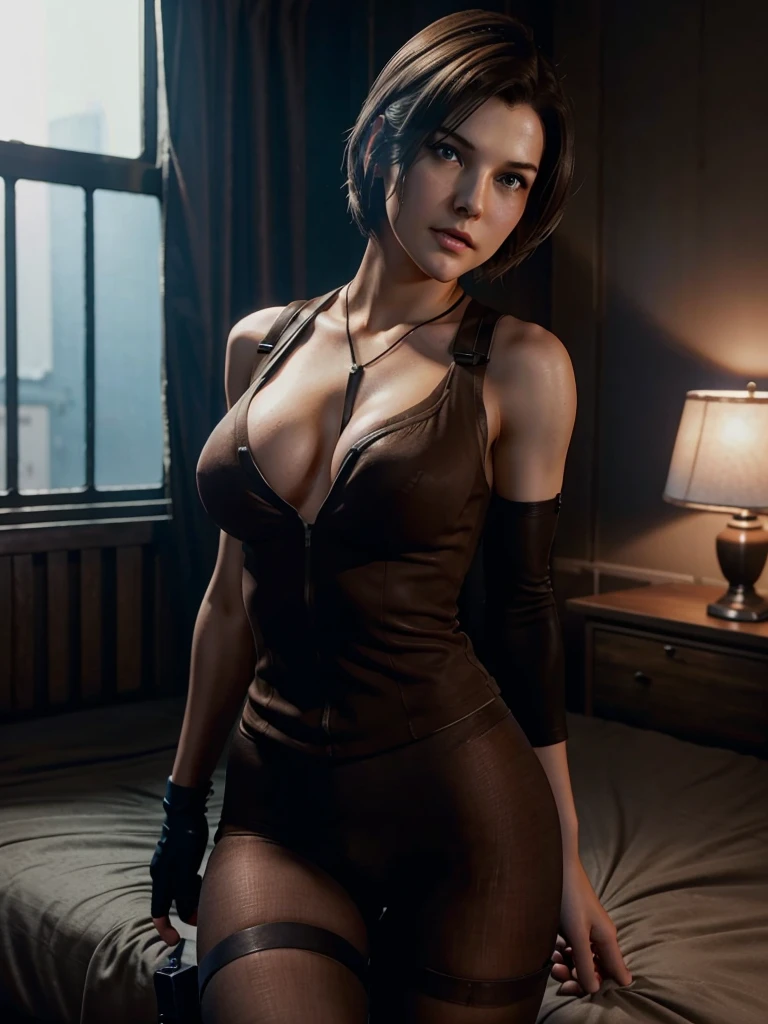 Claire Redfield and Albert Wesker,  RE2, sexy pose, kiss him, Claire wears white bra, ass