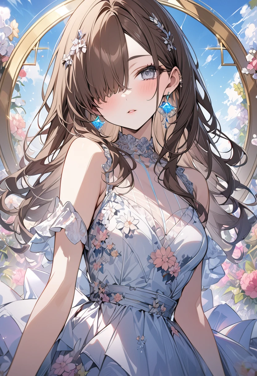 Highest quality、masterpiece、High resolution、masterpiece、((Brown Hair、Cover one eye))、Grey Eyes、Floral Dress、flowerpunk、Vibrant colors、Beautiful blue sky、Luminous、vivid、Golden Ratio