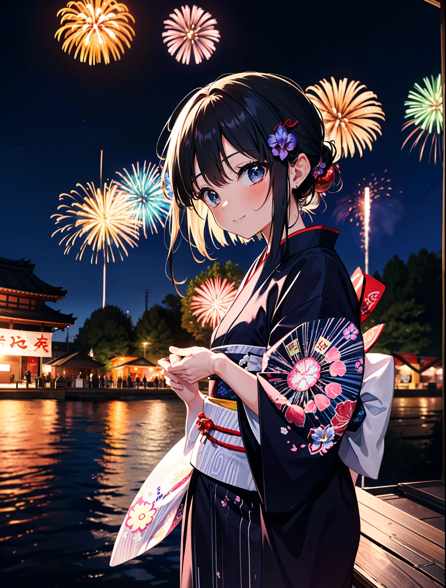 mioakiyama, My Akiyama, Long Hair, bangs, Black Hair, (Iris:1.3), Hime cut,blush,smile,hair tied back,Flower Hair Ornaments,Black yukata,Japanese Festivals,Summer festival food stalls、Red lantern,Fireworks in the night sky,Fireworks,The place is a fireworks display,Time is night,sunny day,whole bodyがイラストに入るように
break outdoors, shrine,
break looking at viewer, whole body,(Cowboy Shot:1.5),
break (masterpiece:1.2), Highest quality, High resolution, unity 8k wallpaper, (figure:0.8), (Beautiful attention to detail:1.6), Highly detailed face, Perfect lighting, Highly detailed CG, (Perfect hands, Perfect Anatomy),