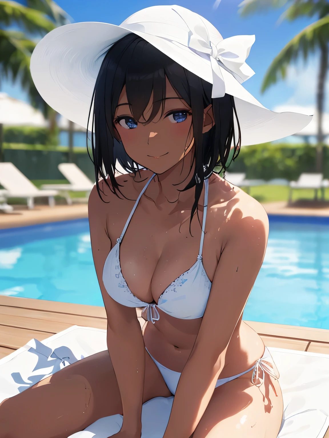 best quality, masterpiece, (独奏:1.2), (1 Female:1.2)、Age 25、(Larger breasts)、(Slender figure)、(Maid Style)、(bikini:1.3)、(Wear a hat)、(Lie down on a white deck chair by the pool:1.3)、(Lie down on a reclining deck chair:1.3)、(Thighs)、(belly button)、(White highlight in pupil:1.2)、(Dark blue eyes)、(Black-haired:1.2)、(short hair)、(Brown Skin:1.3)、(Dark Skin)、(Wet skin)、(A shy smile)、(Blur the background to make the woman stand out:1.3)、(A soft light shines on the woman's entire body.:1.3)、(Poolside in the mansion)、(The wind is blowing:1.3)