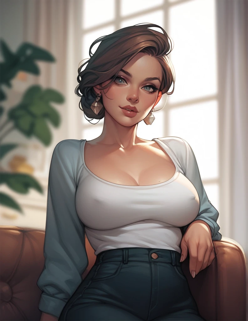 Very sexy mother, with black, low-cut clothing and a very large bust, seducing your son