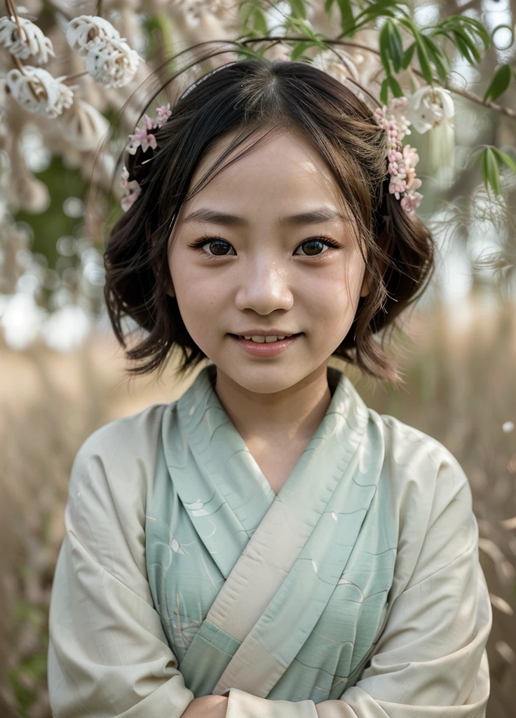 A Japanese girl in a kimono, standing under a weeping willow tree, smiling, beautiful detailed eyes, beautiful detailed lips, extremely detailed eyes and face, long eyelashes, photorealistic, portrait, natural lighting, muted color palette, cinematic composition, soft focus, masterpiece