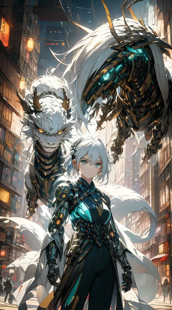 （（A futuristic））， （（myth））， （（fanciful）），Machinary，1girll， modern city setting， Girl with white hair with avant-garde costume， Surrounded by mechanical Asian dragons， （neonlight：1.2）， （cybernetically enhanced：1.1）， （Ethereal dragon scales：1.1）， （action-packed scene：1.2）， （cinematic compositions：1.1）， Mixed-media artwork， 8k resolution