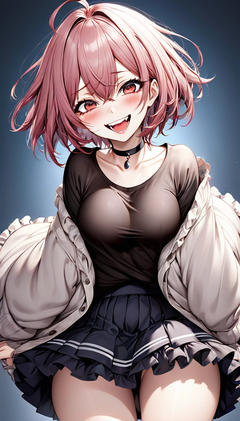 beautiful woman, cool and sadistic, amorous and lewd face, evil smile, teasing smile, grin, lewd smile, big tareme, droopy eyes, huge mouth, make-up, messy short hair, great proportion, loose size cardigan, ruffle skirt, choker, (ultra detailed, absolutely resolution, best quality:1.3), 2.5D, delicate and dynamic, shading effects, hyper realistic, artistic photography, graphic CG digital art