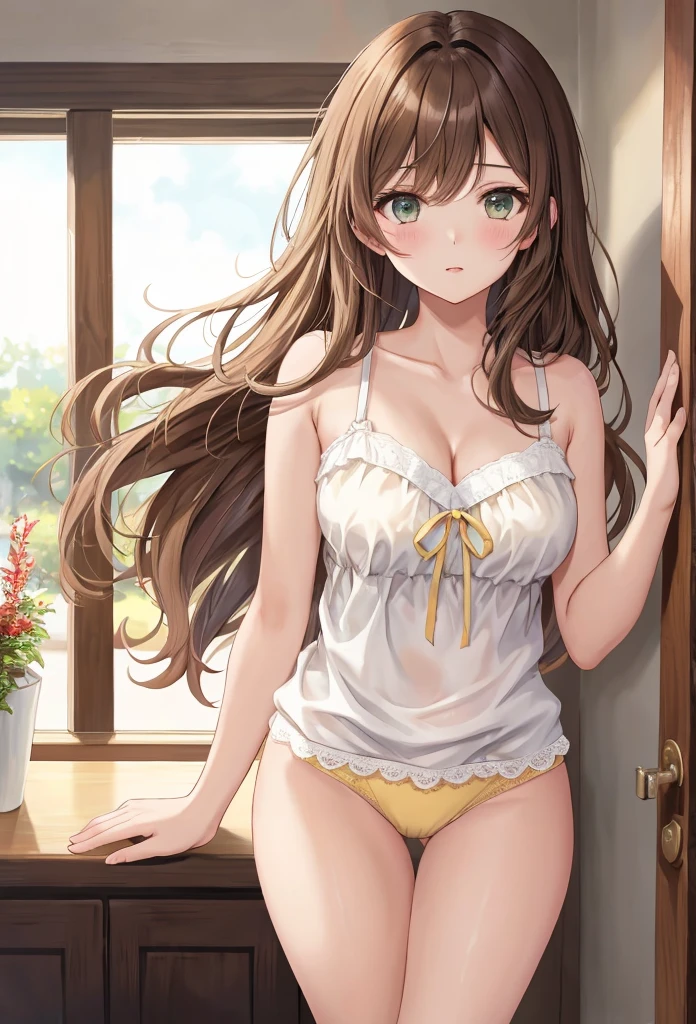 A beautiful girl opening a door with a sleepy expression, anime girl, (20 year old girl:1.3), housewife, inside the room, inside the house, yellow sleeveless camisole, beige lace panties, big round breasts, dark brown hair, long hair, wavy hair, messy hair, bangs aqua eyes, glowing eyes, pupils sparkling, blush, glossy lips, yawn, detailed face, slim waist, shapely legs, beautiful thighs, perfect body, anime CG style, high definition, natural light, high detail, anime, dithering, image fill, perspective, Wide-Angle, f/1.8, 85mm, Sony FE GM, 8k, 8k wallpaper, super detail, highly detailed CG, UHD, retina, masterpiece, accurate, anatomically correct, textured skin, highres, best quality:1.3, 16k