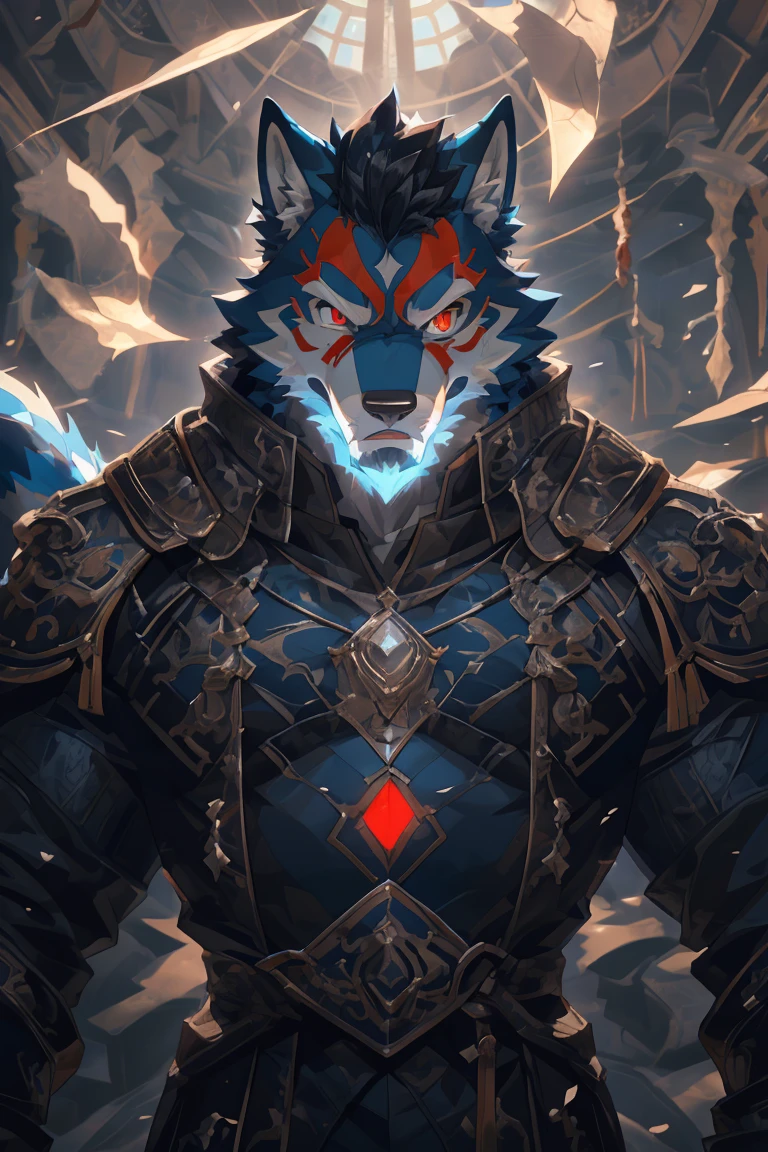 (Scarred body),(Wearing a dark black suit:1.5),,16k high quality detailed art,(Wearing Scarlet Blood Ornament:1),(Wolf:1.1), (((White and blue fur:1.5))),(Duotone),(A pair of eyes of different colors, One eye has a red eye，The other eye is red:1.7),Both eyes are the same size:1.4),(Muscular body:1.3),Handsome,(OK),(Perfect face),(Exhausted:1.1),(Blue and white skin:1.3),(Whole body description:1.3),(Wolf:1.1), (((Blue and white fur:1.3))),Handsome, (OK),Express,(Deep sea background),(Cold expression:1.3),(蓝Wolf tail),不同的Express,(Perfect masterpiece),(32K),(Abdominal muscles:1.3),(((middle aged:1.4))),(36 years old),solitary,(Red face stripe:1),(Very rich facial details:1.3),(Strong),(Mighty pose:1.3),Front view,(CG),(HD),(Black Hair),Full body portrait,(Detailed background:1.3),Murderous gaze,(Pure black pupils:1.3),