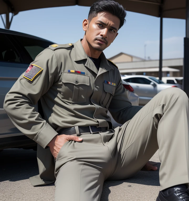 40 years old,One Man,Gray military uniform,Daytime parking lot、Sit with your legs wide open、The crotch area is bulging、Hold a gun,logic,Gay ,Very Short Hair,Stubble,Sri Lankan face。Cool handsome guy、Combatant　Fighting spirit　