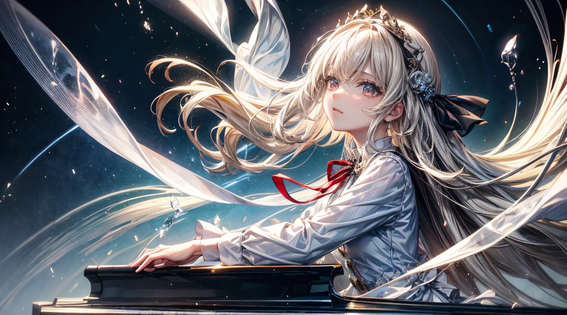 Woman playing piano, 1 girl、Particles of light, White Dress, masterpiece、(Detailed eye features)、(Detailed facial features)、(Detailed clothing features)、shirt、hair band、Red eyes、Skirt、Best、Long sleeve、Blonde、白のshirt、Neck ribbon、襟付きshirt、Black Skirt、黒いBest、From the side、Depth of written boundary、Particles of light、Piano chair, Classical Music,
