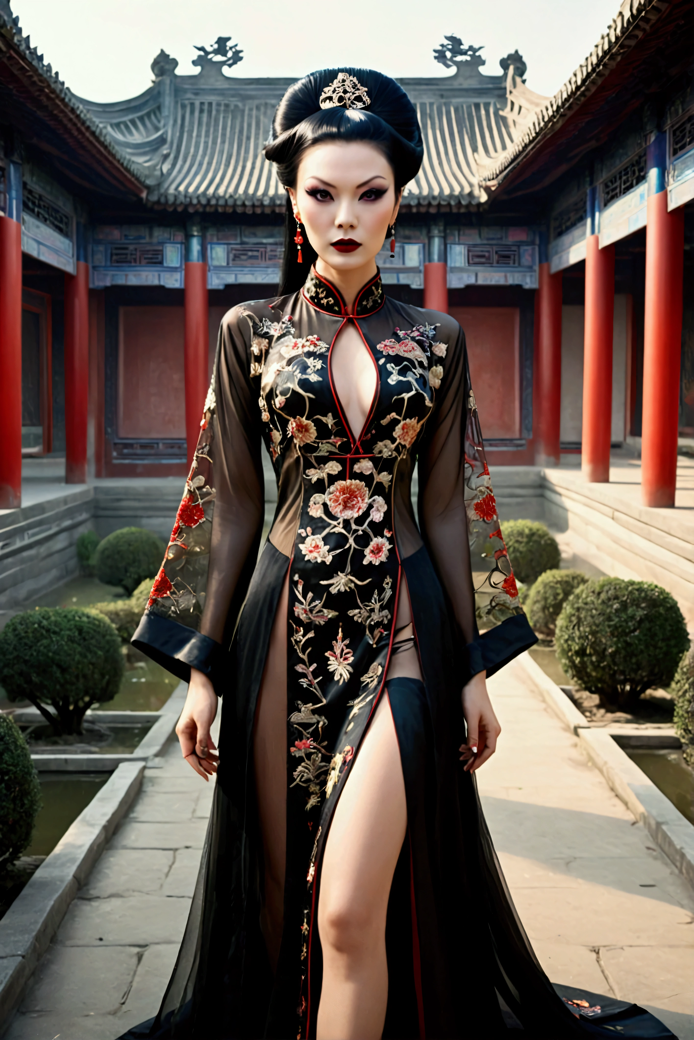 1 woman (Vampira Maila Nurmi, age 25, intricate silk Chinese dress with lots of embroidery sheer with several large slits, no underwear, traditional hairstyle and Chinese makeup) wandering through a palace garden
