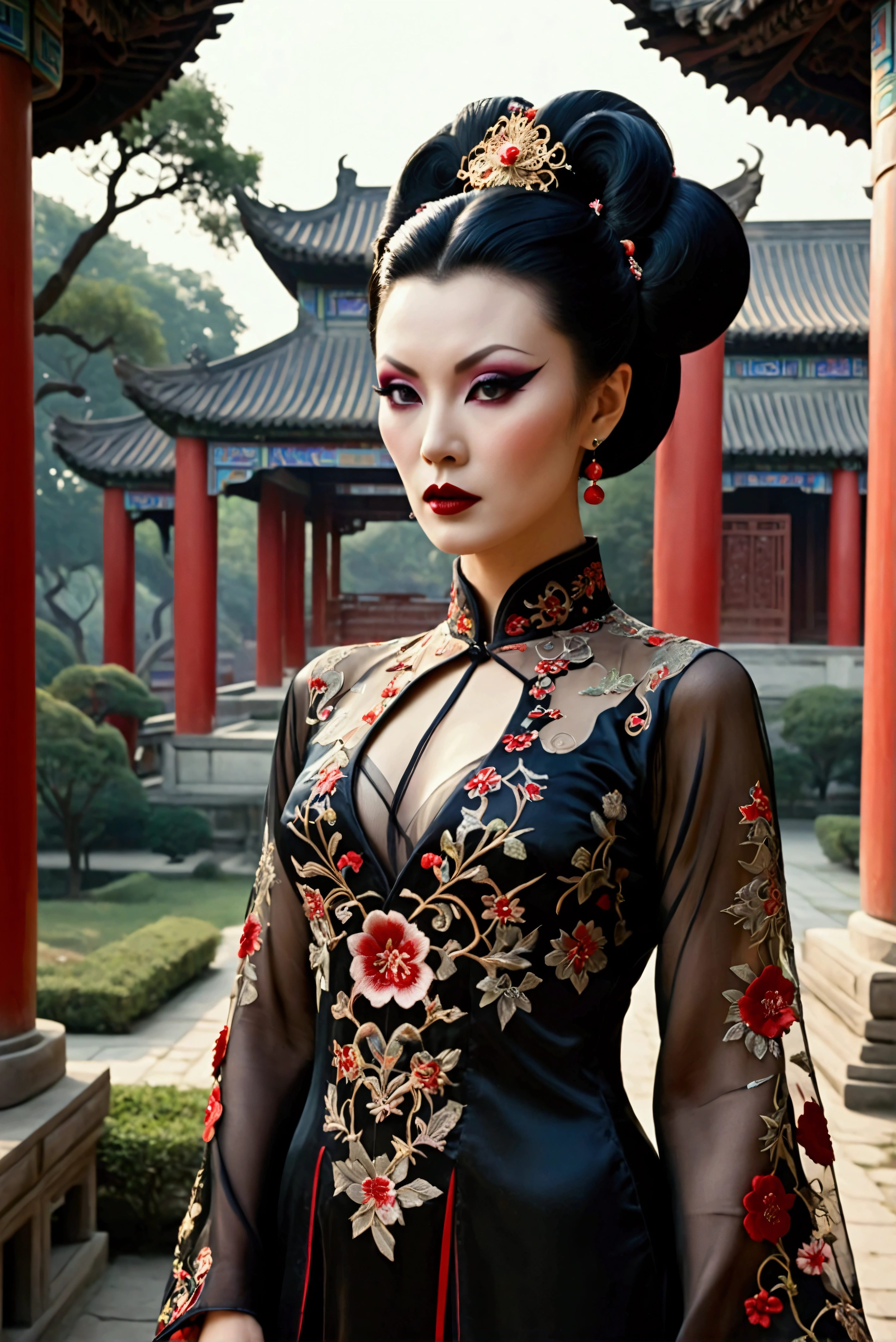 1 woman (Vampira Maila Nurmi, age 25, intricate silk Chinese dress with lots of embroidery sheer with several large slits, no underwear, traditional hairstyle and Chinese makeup) wandering through a palace garden