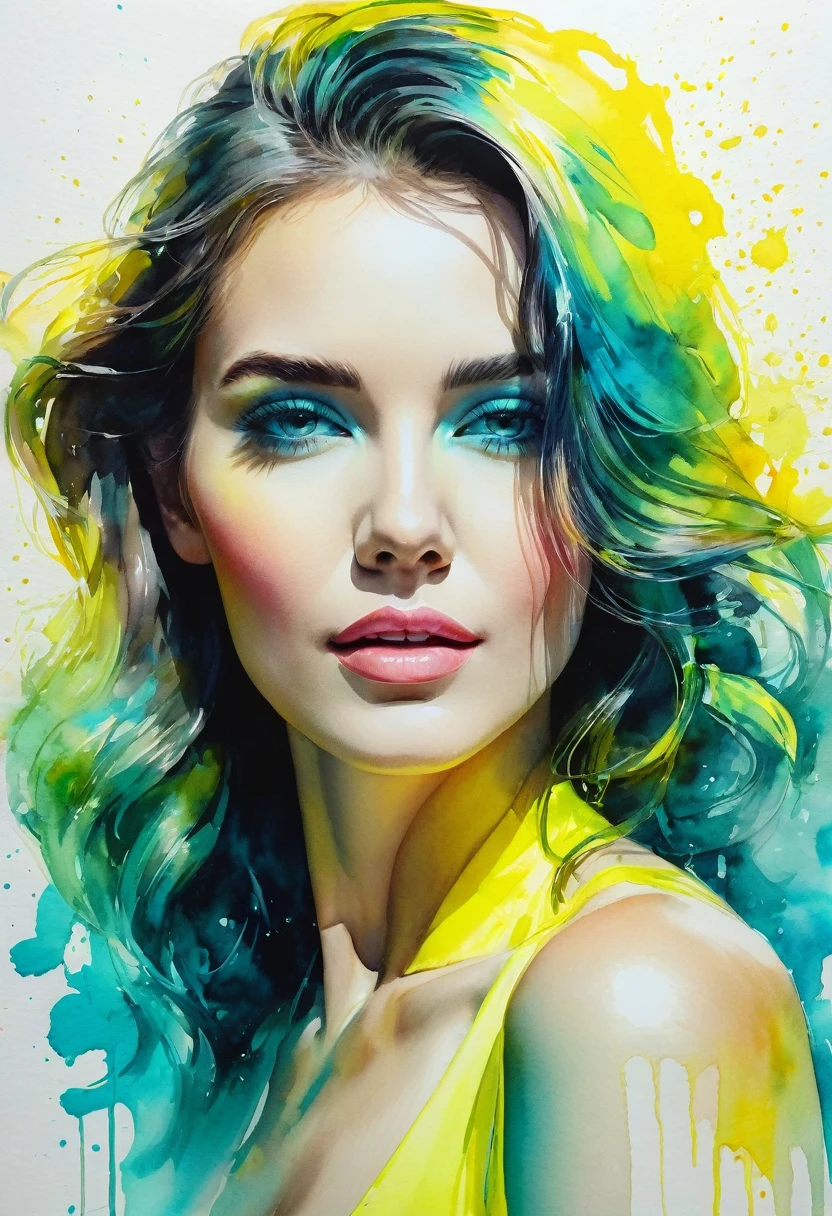 watercolor painting of a beautiful woman in a neon, High detail, portrait, light studio, colorful, high precision, strong, classic, water color ink, yellow and turquoise, ultra clear