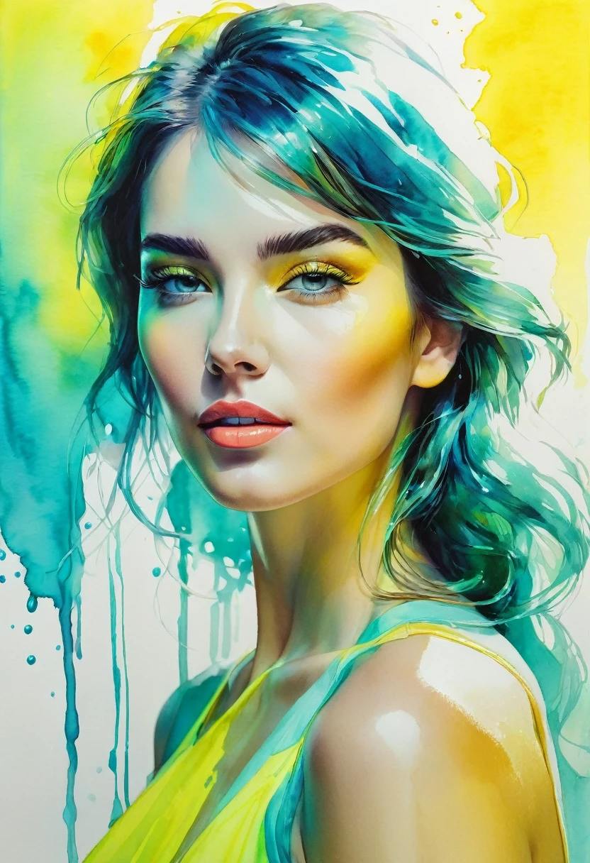 watercolor painting of a beautiful woman in a neon, High detail, portrait, light studio, colorful, high precision, strong, classic, water color ink, yellow and turquoise, ultra clear