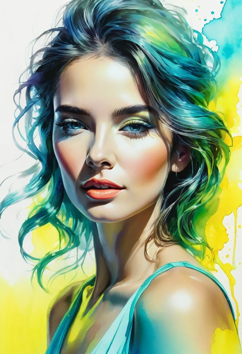 watercolor painting of a beautiful woman in a neon, High detail, portrait, light studio, colorful, high precision, strong, classic, water color ink, yellow and turquoise, ultra clear