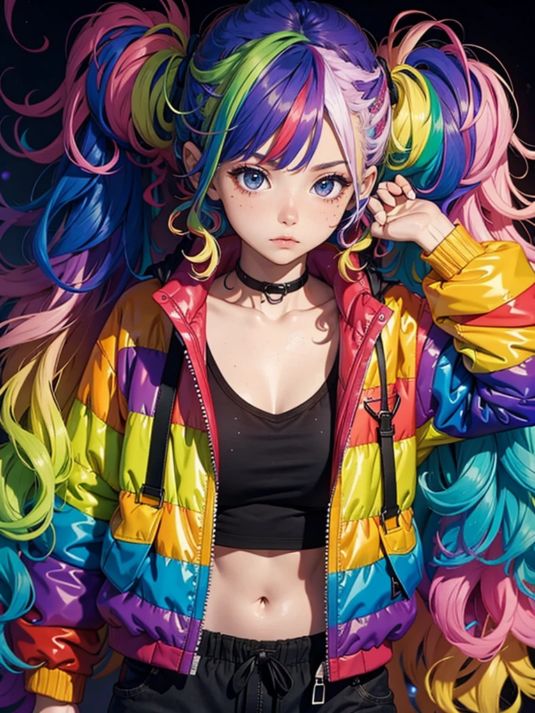 Tied up messy attractive girl, Rainbow Curly Hair, Rainbow Style Jacket, Cool bomb explosion background