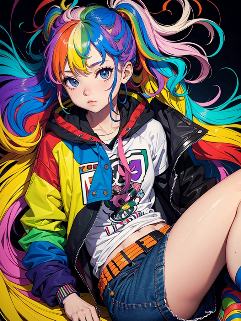 Tied up messy attractive girl, Rainbow Curly Hair, Rainbow Style Jacket, Cool bomb explosion background