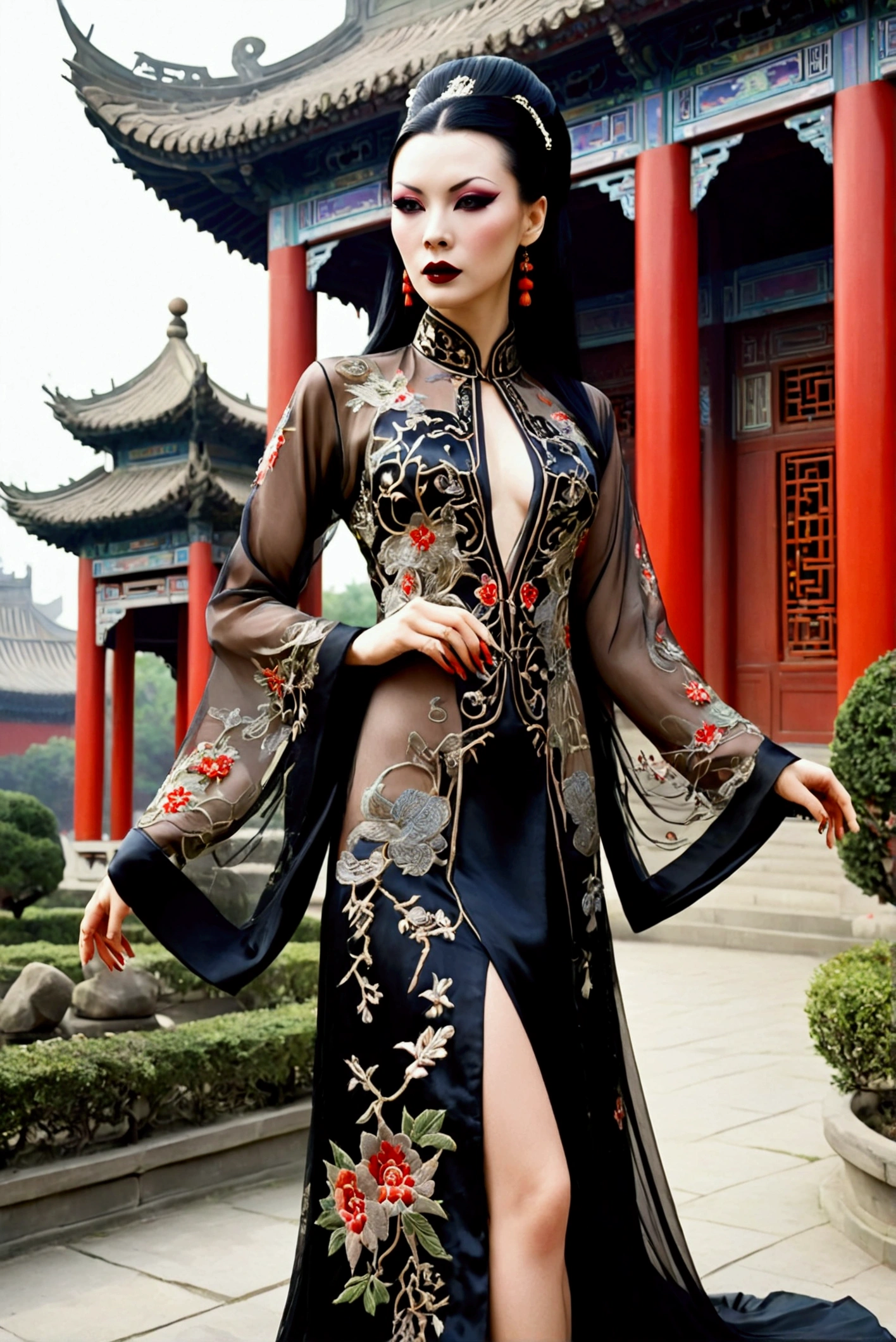 1 woman (Vampira Maila Nurmi, age 25, intricate silk Chinese dress with lots of embroidery sheer with several large slits, no underwear, traditional hairstyle and Chinese makeup) wandering through a palace garden