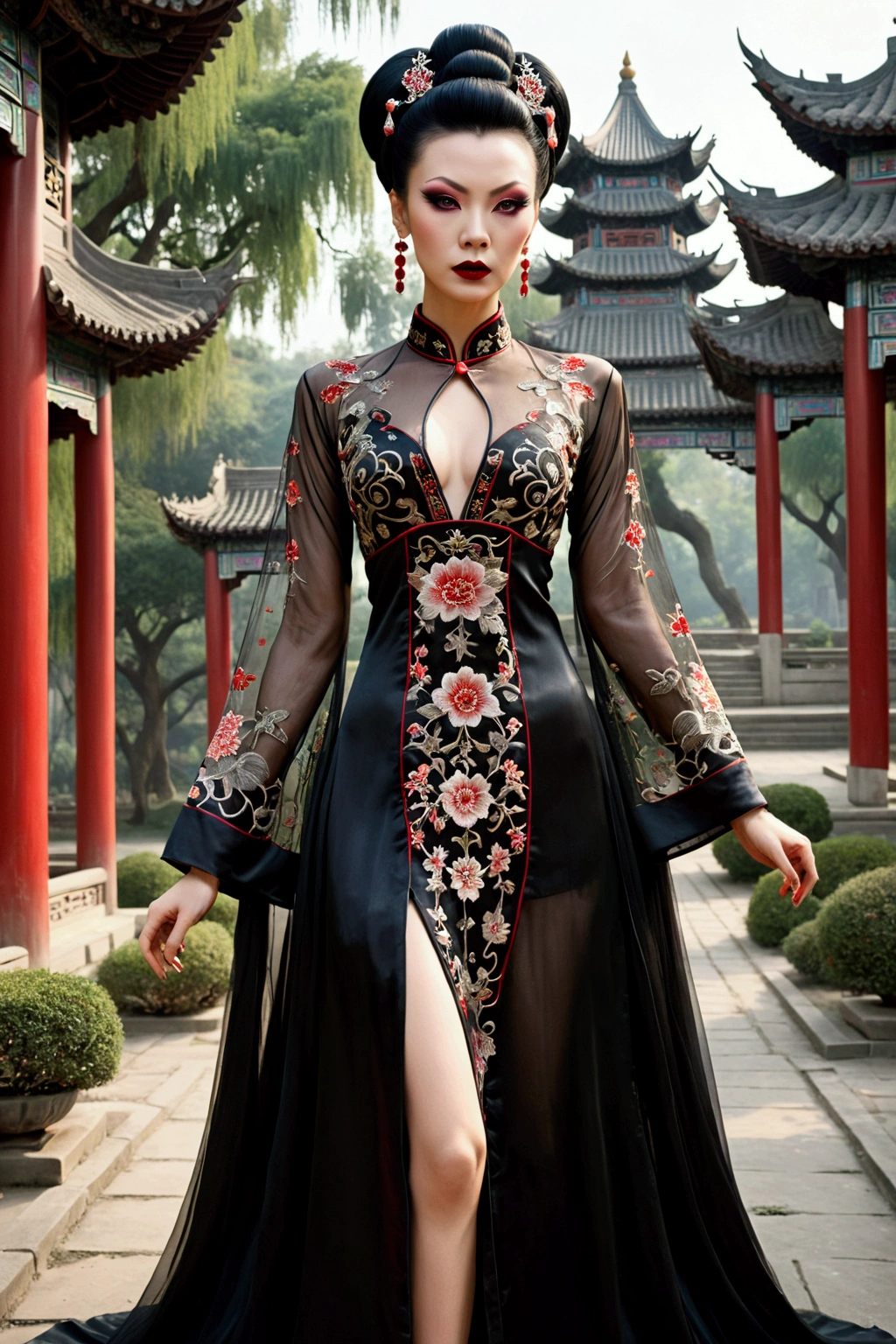 1 woman (Vampira Maila Nurmi, age 25, intricate silk Chinese dress with lots of embroidery sheer with several large slits, no underwear, traditional hairstyle and Chinese makeup) wandering through a palace garden