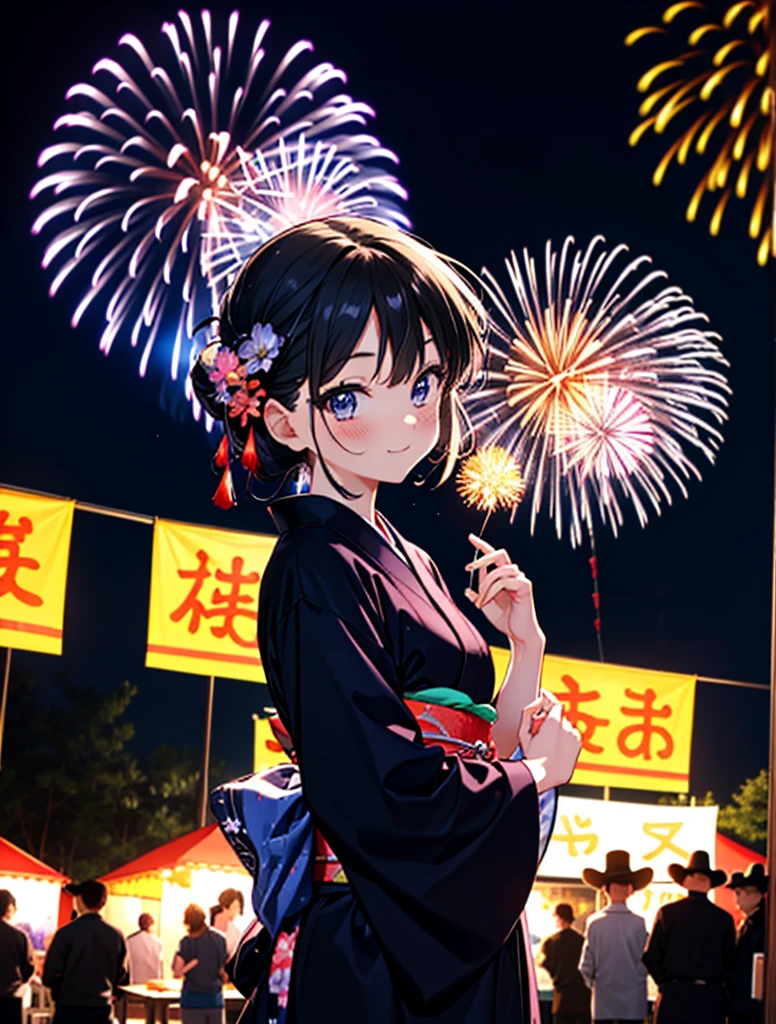 mioakiyama, My Akiyama, Long Hair, bangs, Black Hair, (Iris:1.3), Hime cut,blush,smile,hair tied back,Flower Hair Ornaments,Black yukata,Japanese Festivals，Summer festival food stalls、Red lantern,Fireworks in the night sky,Fireworks,The place is a fireworks display,Time is night,sunny day,whole bodyがイラストに入るように
break outdoors, shrine,
break looking at viewer, whole body,(Cowboy Shot:1.5),
break (masterpiece:1.2), Highest quality, High resolution, unity 8k wallpaper, (figure:0.8), (Beautiful attention to detail:1.6), Highly detailed face, Perfect lighting, Highly detailed CG, (Perfect hands, Perfect Anatomy),